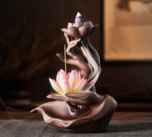 Load image into Gallery viewer, Thunderbolt Spiritual Books Double Lotus Backflow Incense Burner in Natural Brown 
